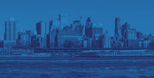 Brooklyn New York City skyline with colorful blue monotone overlay effect