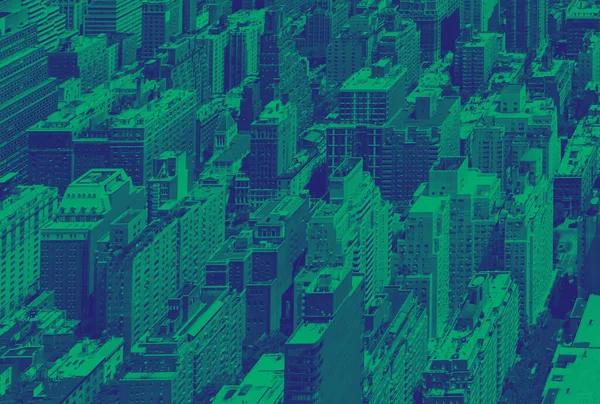 Pohled Shora Přeplněné Budovy Manhattanu New Yorku Barevným Zeleným Modrým — Stock fotografie