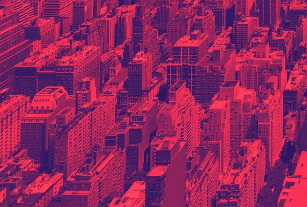 Pohled Shora Přeplněné Budovy Manhattanu New Yorku Barevným Červeným Modrým — Stock fotografie
