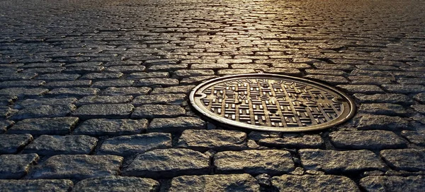 Sunlight Shines Manhole Cover Cobblestone Street Tribeca Neighborhood New York — Stock Photo, Image