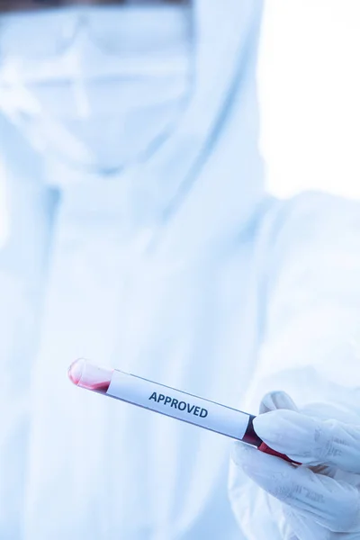 Hand Researcher Sterilize Protective Dress Holding Approved Test Tube Isolated — Stock Photo, Image