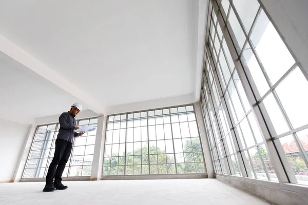 Asain Engineer White Helmet Blue Print Checking Underconstruction Room — Stock Photo, Image