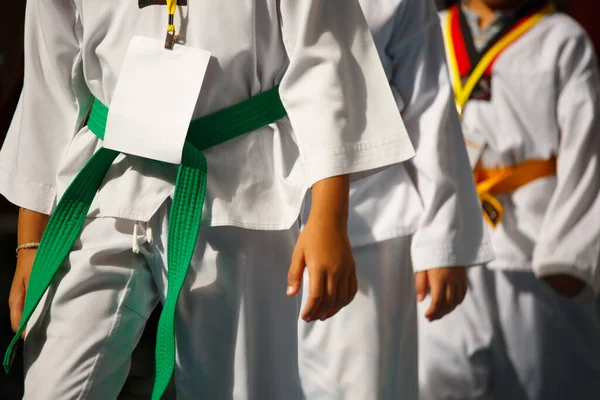 Taekwondo Atletas Con Uniforme Caminando Fila —  Fotos de Stock