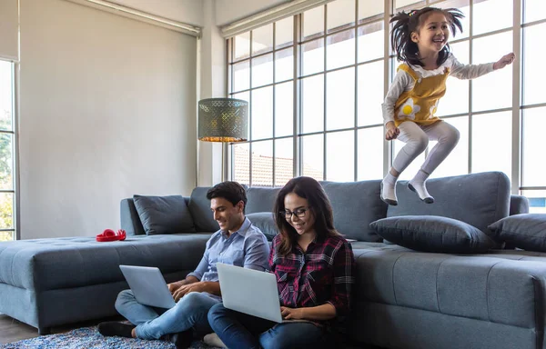 Mix Race Family Lovers Caucasian Husband Asian Wife Parents Working — Stock Photo, Image