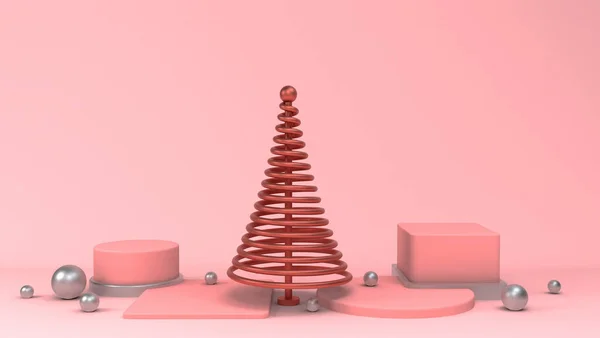 Scène intérieure aux formes roses et argentées. Objets 3D brillants réalistes pour fête de Noël ou affiches promotionnelles ou bannières. — Photo