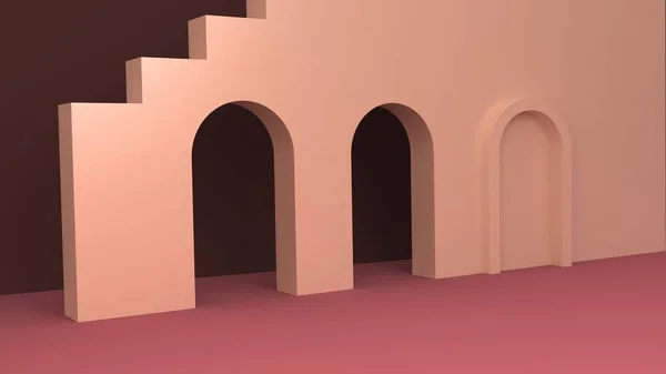 Pembe duvar ve kemerlerle modern Memphis iç mimarisi. 3d oluşturma