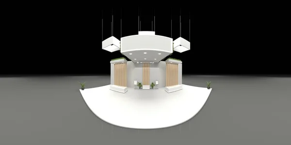 360 degree spherical seamless VR panorama. Empty concrete exhibition booth interior with walls and light stands, 3d rendering illustration.
