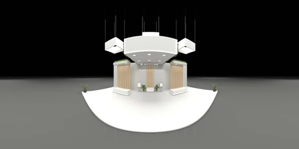 360 derece küresel, pürüzsüz VR panorama. Duvarları ve ışık stantları olan boş beton sergi kabini, üç boyutlu resimleme.