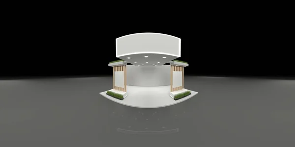 360 degree spherical seamless VR panorama. Empty concrete exhibition booth interior with walls and light stands, 3d rendering illustration.