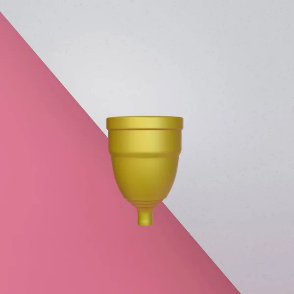 Golden silicone menstrual cup isolated on background. Means of female hygiene. 3d rendered — Stock Photo, Image