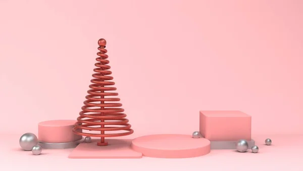 Cena interior com formas rosa e prata. Objetos 3D brilhantes realistas para festa de Natal ou cartazes promocionais ou banners. — Fotografia de Stock