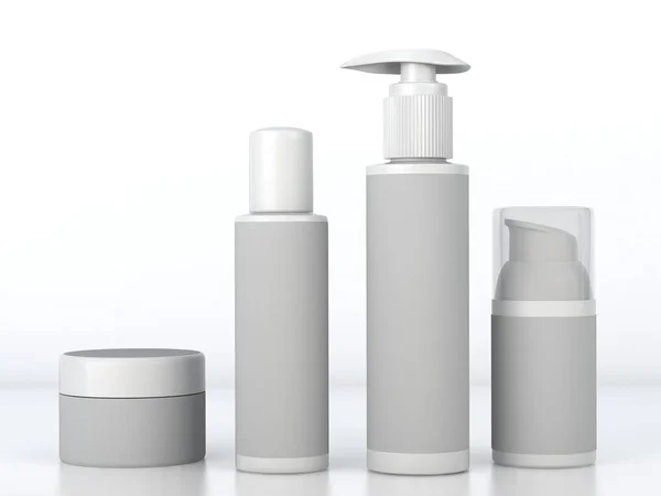 Sada kosmetických bílých hygienických nádob ve světlém studiu. 3D vykreslování — Stock fotografie