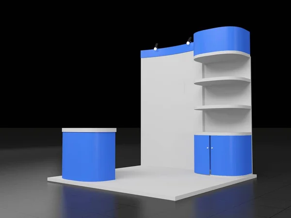 Blue 3d rendered stand or booth in a tradeshow, Virtual exhibition mockup design