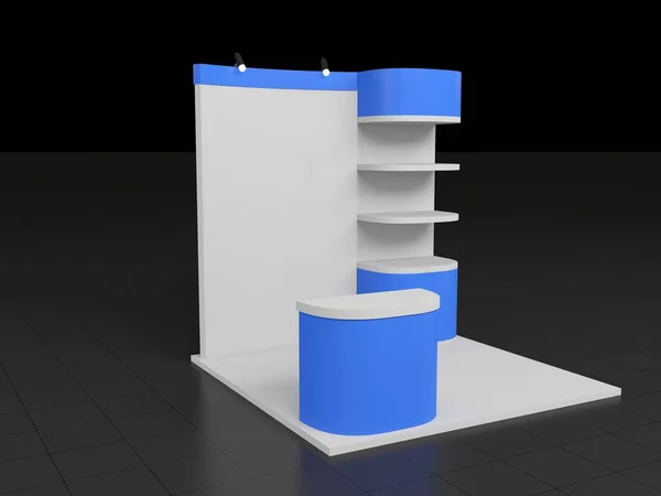 Blue 3d rendered stand or booth in a tradeshow, Virtual exhibition mockup design