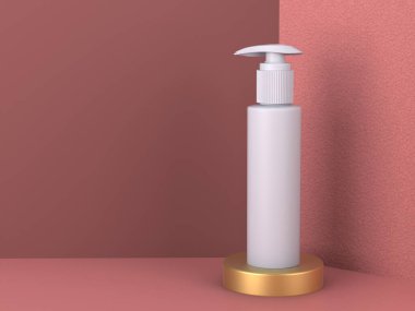 Podyum ve kozmetik şişeli 3D gerçekçi köşe duvarı soyut sahne. Pembe ve altın renkler