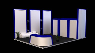 Sergide ya da televizyon fuarında boş stand tasarımı. 3D canlandırma Sanal sergi modeli