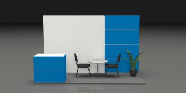Bir ticaret fuarında mavi standı ya da standı. 3D canlandırma modeli. Sanal sergi