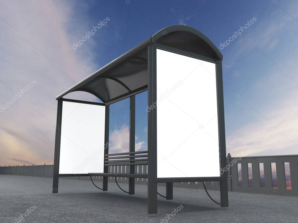 Blank white mock up of vertical billboard in a bus stop. 3d render mockup