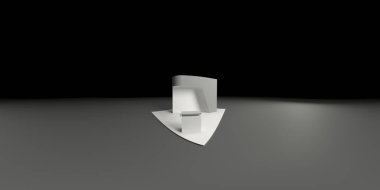 360 derece küresel, pürüzsüz VR panorama. İçi boş beton sergi kabini. Duvarları ve ışık stantları var. 3 boyutlu. .