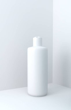 Beyaz plastik şampuan şişesi. Lid, Kozmetik şişe, krem, vücut bakımı paketi..