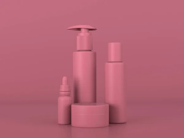 Roze cosmetische set op roze achtergrond 3d rendering. — Stockfoto