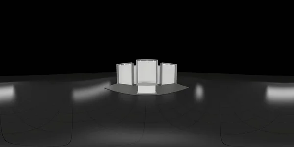 360 stopniowa sferyczna panorama VR bez szwu. Puste betonowe wnętrze stoiska wystawowego ze ścianami i oświetleniem, renderowanie 3D . — Zdjęcie stockowe