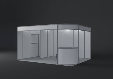 Ticaret standı. Koyu arkaplanda üç boyutlu resim izole edilmiş, model. 3d hazırlayıcı