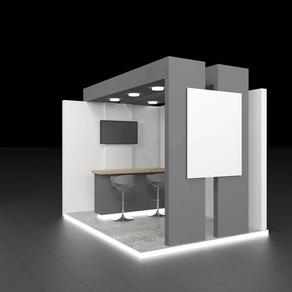 Diseño de stand en blanco en exposición o feria con pantalla de televisión — Foto de Stock