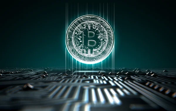 Circuit Board Projecting Bitcoin — Stock Photo, Image