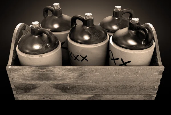 Moonshine In Wooden Crate — Stock Photo, Image