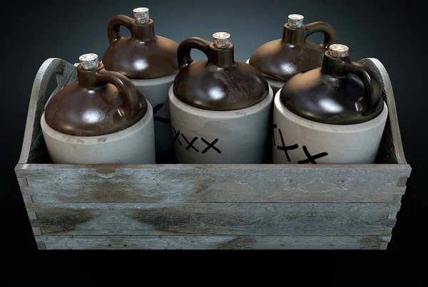 Moonshine In Wooden Crate — Stock Photo, Image