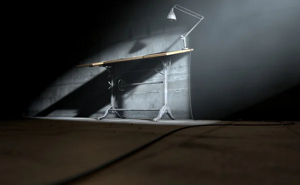 Eine 3D-Wiedergabe eines historischen Schreibtischs mit einer klassischen Schreibtischlampe und einem Blatt Papier auf dunklem Hintergrund — Stockbild Schreibtischlampe und Papier entwerfen — Stockfoto