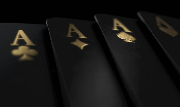A fanned out suit of four black casino aces playing cards with gold markings on a dark classy background - 3D render