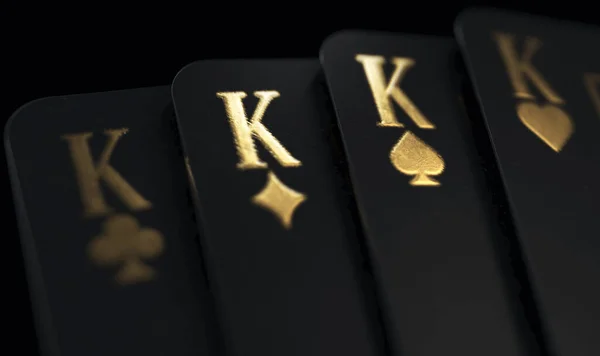 暗い上品な背景に金のマーキングと4つのブラックキングカジノのトランプのファンアウトスーツ 3Dレンダリング — ストック写真