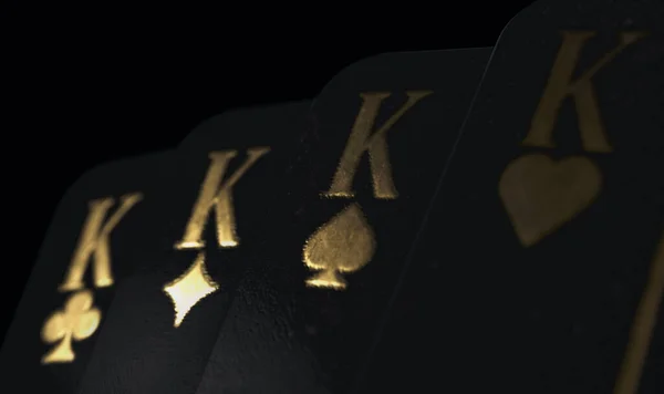 Rozvětvený Oblek Čtyř Černých Králů Kasina Hrací Karty Zlatými Znaky — Stock fotografie