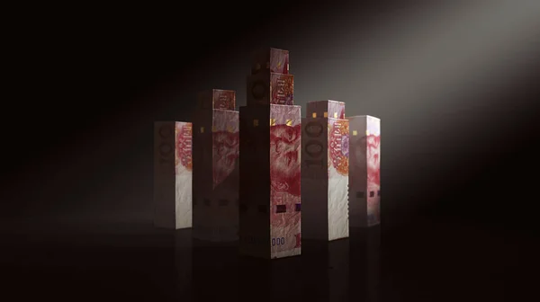 Концепция Изображающая Небоскребы Оригами Образованные Сложенных Банкнот Фарфора Юань Темно — стоковое фото