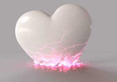 Düşen bir kalp, bir yüzeye çarpar çarpmaz parçalanır ve kırılır. Pembe, parıltılı bir iç mekan yayar.