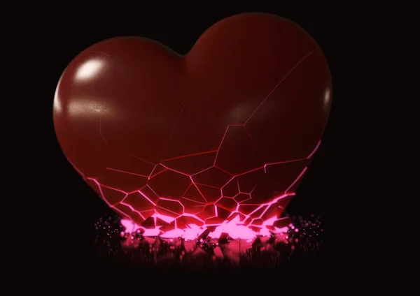 A falling heart crumbling and breaking as it hits a surface emitting a pink glowing interior - 3D render