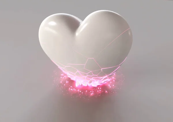 A falling heart crumbling and breaking as it hits a surface emitting a pink glowing interior - 3D render