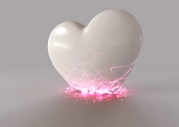 Falling Heart Crumbling Breaking Hits Surface Emitting Pink Glowing Interior — Stock Photo, Image