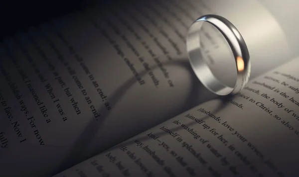 Concept Montrant Projecteur Brillant Sur Une Bague Droite Sur Livre — Photo