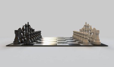 Damalı tahta ve izole edilmiş beyaz stüdyo arkaplanı üzerinde başlamak için düzenli bir satranç seti - 3D görüntüleme