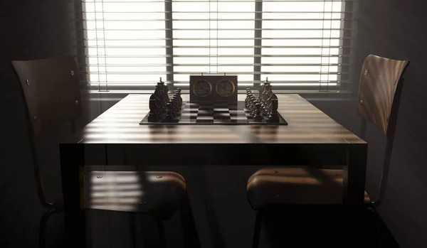 明るい窓の光に照らされた暗い部屋で反対側の椅子とテーブルの上にタイミングクロックのセットアップを持つ通常のチェスセット 3Dレンダリング — ストック写真