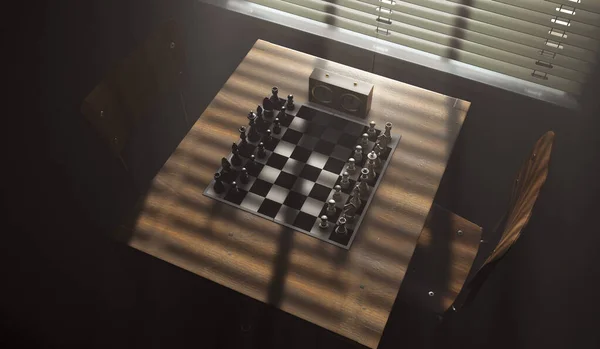 A regular chess set with a timing clock setup on a table with opposing chairs in a dark room backlit by a bright window light - 3D render