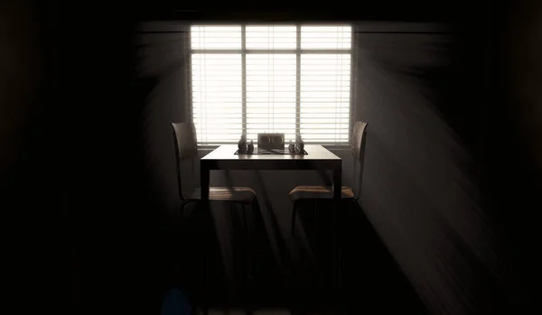 明るい窓の光に照らされた暗い部屋で反対側の椅子とテーブルの上にタイミングクロックのセットアップを持つ通常のチェスセット 3Dレンダリング — ストック写真