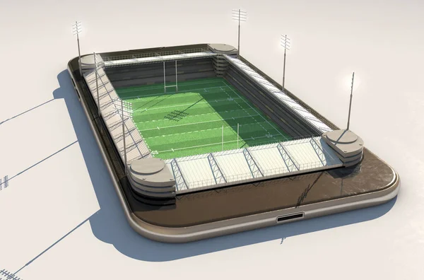 A digital to physical concept showing a smartphone with a floodlit rugby stadium built into the screen on a day time background - 3D render