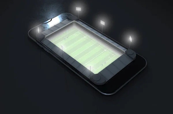 Digital Physical Concept Showing Smartphone Floodlit Rugby Stadium Built Screen — Stock Photo, Image