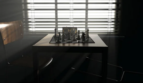 一个完整的国际象棋游戏设置在一张桌子上 在黑暗的房间里 背对着明亮的窗户灯光 3D渲染的椅子 — 图库照片