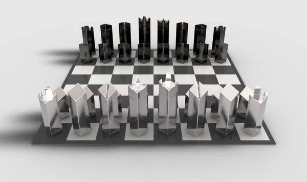 Minimalist Metal Chess Set Setup Begin Checkered Board Isolated White — Stock Photo, Image