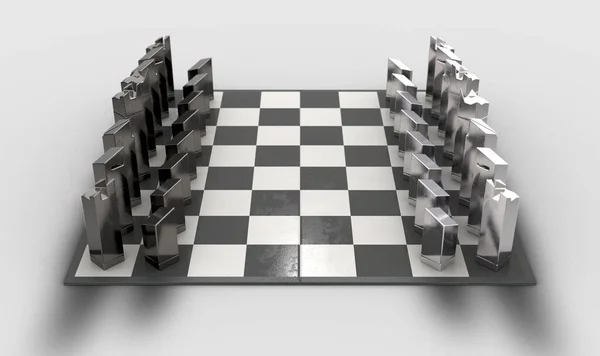 Minimalistický Metalový Šachový Set Který Začíná Šachovnici Izolovaném Bílém Pozadí — Stock fotografie